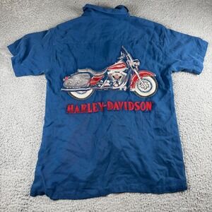 Vintage Harley Davidson Shirt M Blue Racing Biker Embroidery Work Mechanic Y2K